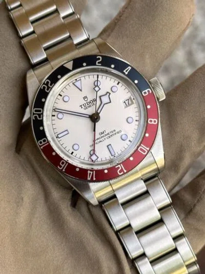 Pre-owned Tudor Black Bay Gmt 79830rb Opaline Dial Steel Watch Silver White