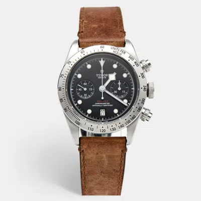Pre-owned Tudor Heritage Black Bay M79350-0002 Black Dial Stainless Steel Leather Men's Wristwatch 41 Mm In Brown