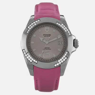 Pre-owned Tudor Prince Date 79440p Diamonds Stainless Steel Ladies Automatic Watch 39 Mm In Purple