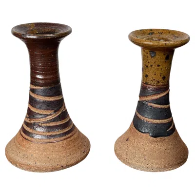 Pre-owned Tue Poulsen Set Of 2 Mid-century Modern Danish Studio Pottery Candleholder From  In Brown
