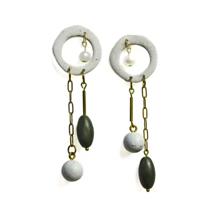 Tuesday & Co. Women's Gold / White / Green Mismatch Dangle Loop Earrings In Pearl Green In Gray