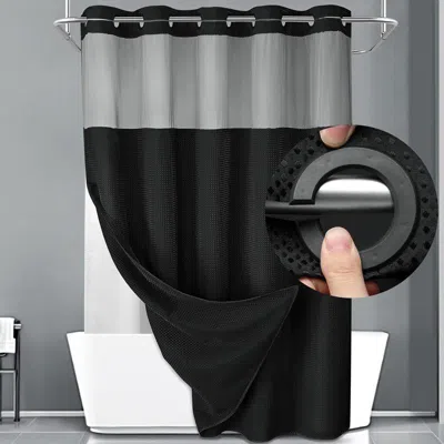 Tukang No Hook Shower Curtain With Snap In Fabric Liner Set, Black Waffle Weave Shower Curtain, Waterproof 