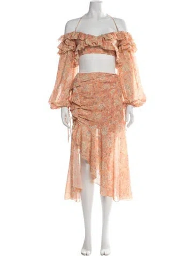 Pre-owned Tularosa Floral Print Ruffle Embellishment Skirt Set In Orange