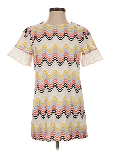 Pre-owned Tularosa Short Sleeve Top Ivory Chevron/herringbone Pattern Mock Neckline Tops