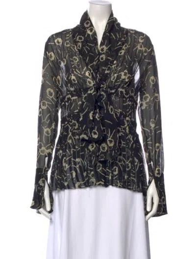 Pre-owned Tuleh Floral Print Tie Neck Blouse In Black