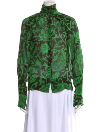 Pre-owned Tuleh Wool Floral Print Blouse In Green