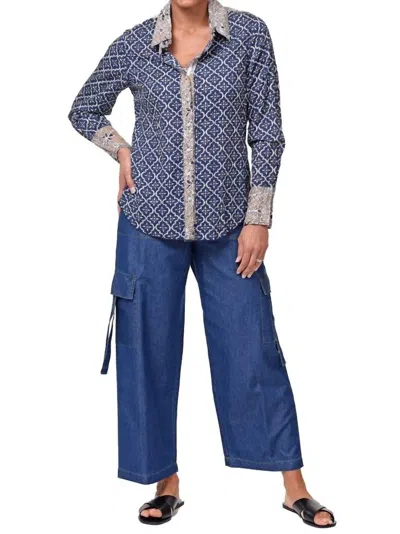 Tulip Clothing Gretchen Button Down Blouse In Tile In Blue