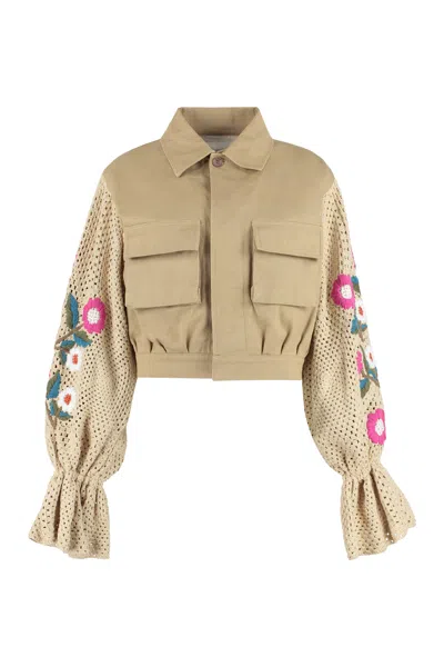 Tulizè Beige Embroidered Floral Cotton Jacket For Women In Tan