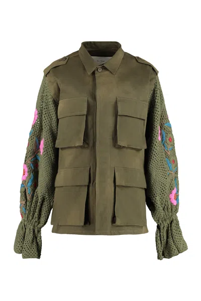 Tulizè Green Floral Embroidered Jacket With Knit Sleeves For Women Ss23