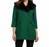 Tulle Double Breasted Coat With Faux Fur Collar In Deep Emerald In Green