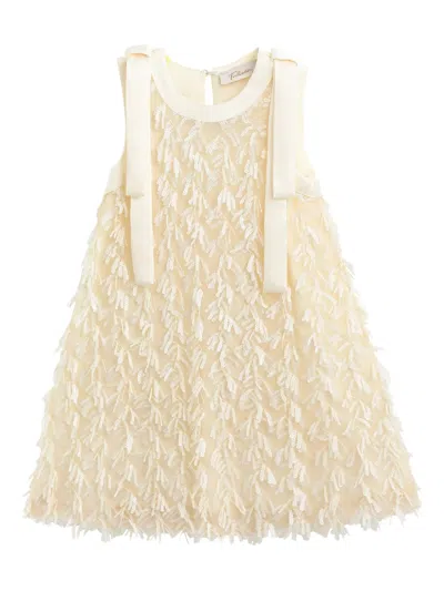 Tulleen Kids' Bow-shoulder Fringe-detailed Dress In Neutral