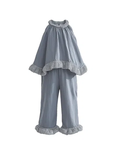 Tulleen Kids' Calyra Sequin-embellished Ruffled Trousers Set In Blue
