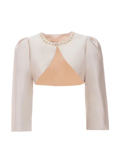 Tulleen Champagne Cropped Satin Cardigan Beige In Sand