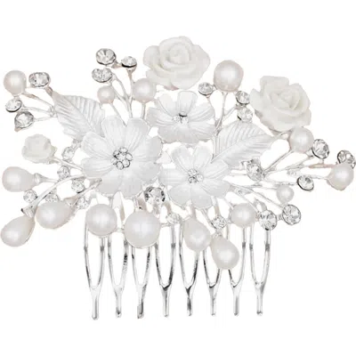 Tulleen Kids'  Crystal White Pearl And Flower Hair Comb In Metallic