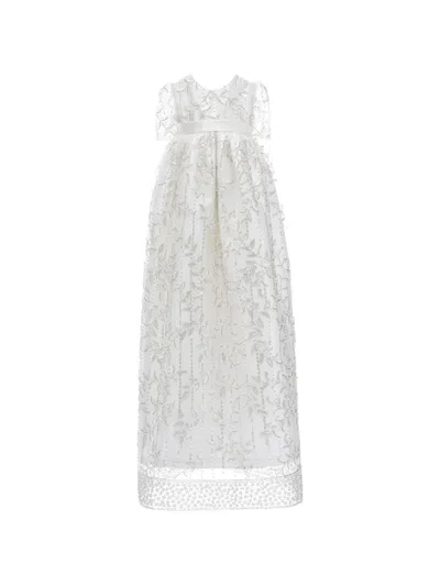 Tulleen Babies' Embroidered Sequin-embellished Bonnet And Christening Dress Set In White