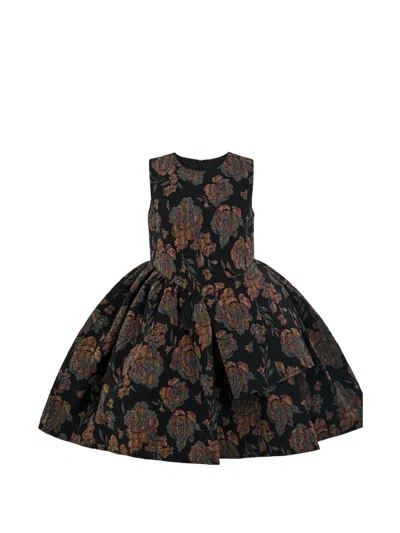 Tulleen Kids' Emelina Floral-print Pleated Dress In Black