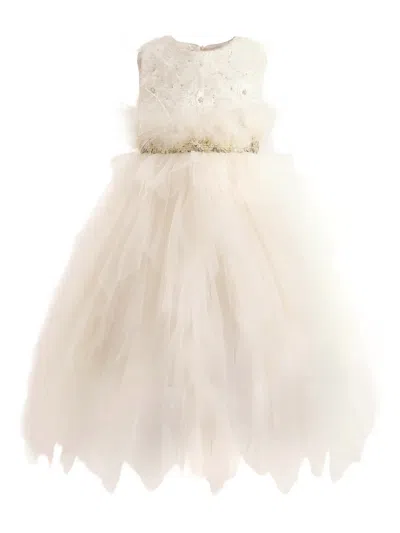 Tulleen Kids' Feathered-waist Tulle Party Dress In White
