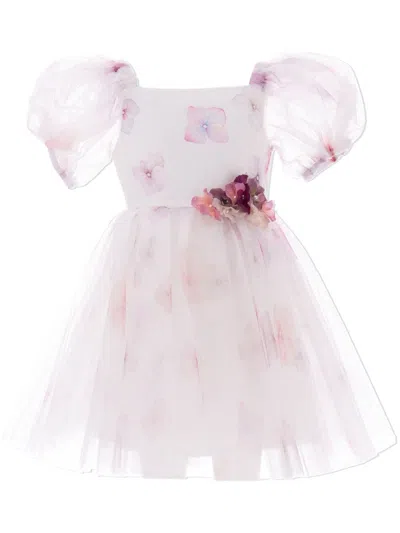 Tulleen Kids' Floral-print Tulle Dress In White