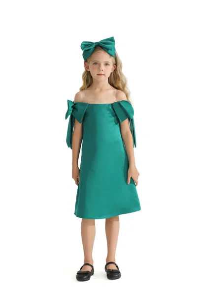 Tulleen Kids'  Green Luneta Off Shoulder Bow Dress