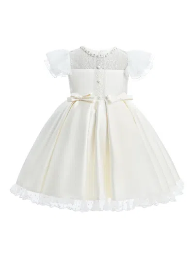 Tulleen Babies' Lace-trim Puff-sleeve Party Dress In White