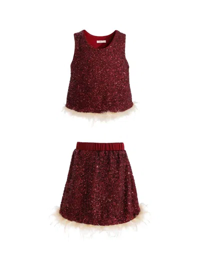 Tulleen Sequin Feather-trim Set In Red