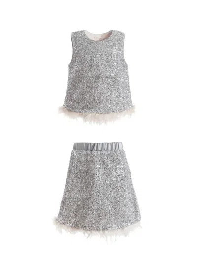 Tulleen Kids' Little Girl's & Girl's Sequin Feather-trim Outfit Set In Gray