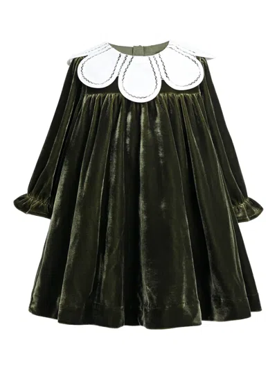 Tulleen Babies' Petal-collar Velvet-effect Party Dress In Green