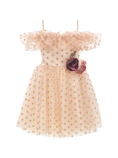 Tulleen Kids' Polka-dot Ruffled Dress In Brown