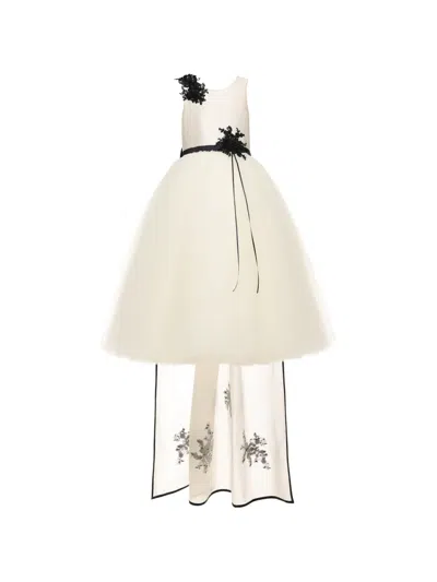 Tulleen Kids' Rosienne Floral-appliqué Tulle-overlay Dress In Neutral