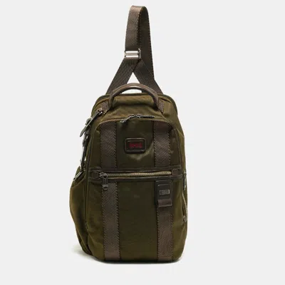 Pre-owned Tumi Greely Green/brown Leather And Nylon Sling Backpack