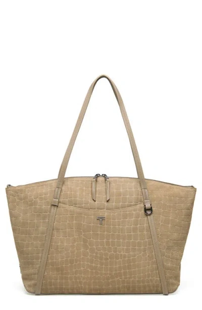 Tumi Q Leather Tote In Wheat Croc Suede