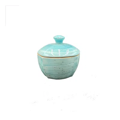 Turgla Home Aqua Round Blue Porcelain Sugar Bowl With Lid