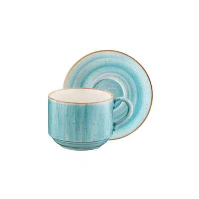 Turgla Home Blue Aqua Stacking Coffee Or Tea Cup And Saucer Set For Two