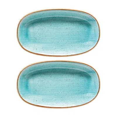 Turgla Home Blue / Brown Aqua Oval Blue Porcelain Side Serving Platters, Set Of Two