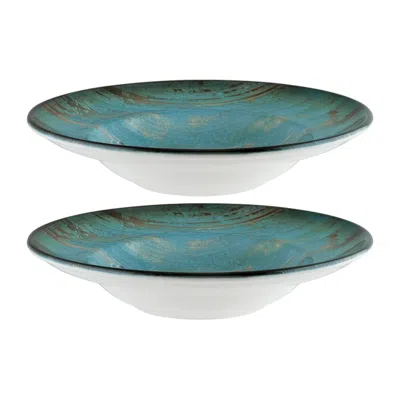 Turgla Home Blue / Brown Madera Round Decorated Porcelain Bowl Set Of Two