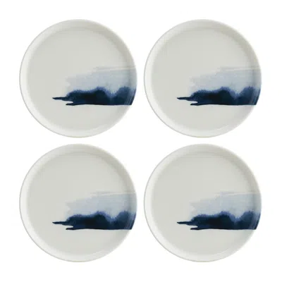 Turgla Home Blue / White Blue Wave Round Decorated Porcelain Plate Set Of Four