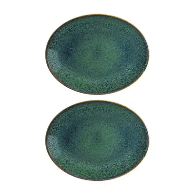 Turgla Home Green / Blue Mar Oval Blue Porcelain Side Platters Set Of Two