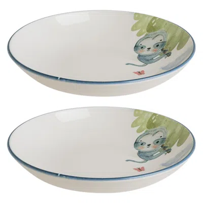Turgla Home Green / White Minimeals Round Decorated Porcelain Bowl Set Of Two