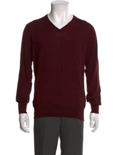 Pre-owned Turnbull & Asser Merino Wool V-neck Pullover In Burgundy