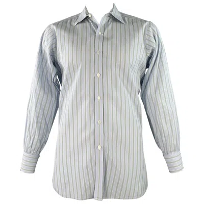 Pre-owned Turnbull & Asser Size L Blue Green Stripe Cotton French Cuff Long Sleeve Shirt