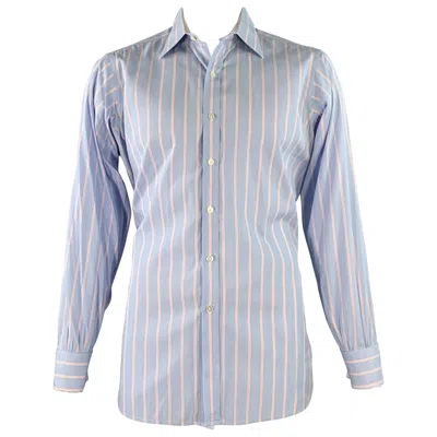 Pre-owned Turnbull & Asser Size L Blue Pink Stripe Cotton French Cuff Long Sleeve Shirt