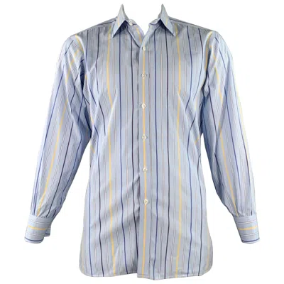 Pre-owned Turnbull & Asser Vintage Size L Blue Navy Yellow Stripe Cotton French Cuff Long Sleeve Shirt