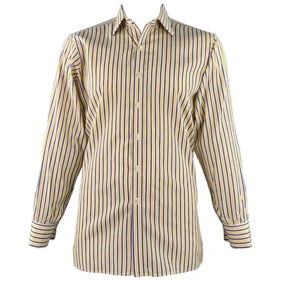 Pre-owned Turnbull & Asser Vintage Size L White Navy Yellow Stripe Cotton French Cuff Long Sleeve Shirt