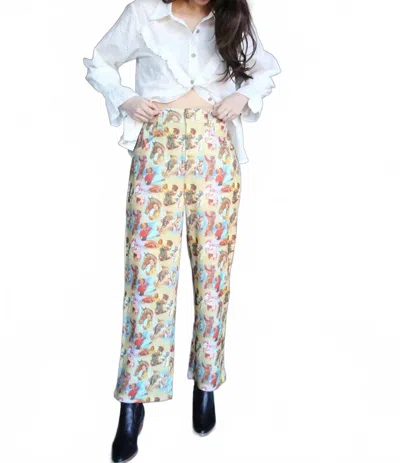 Turquoise Haven Retro Cowgirl Print Cropped Pants In Yellow Multi