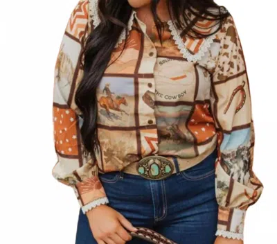 Turquoise Haven Tucker Cowboy Button-up Blouse In Brown Multi