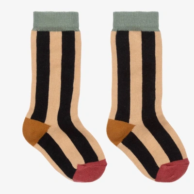 Turtledove London Babies' Beige & Black Striped Cotton Socks In Brown
