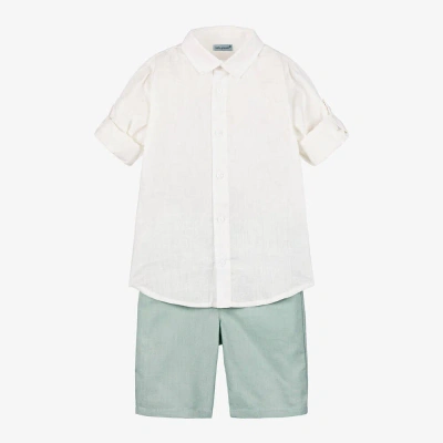 Tutto Piccolo Babies' Boys Green Cotton & Linen Shorts Set In White