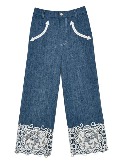 Tutu Du Monde Kids' Daisy Lace-trimmed Denim Casual Trousers In Blue