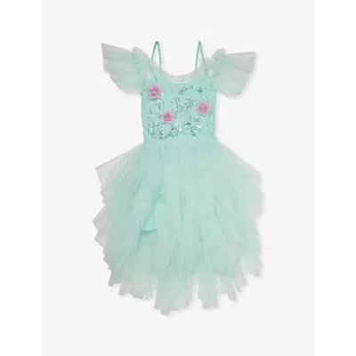 Tutu Du Monde Kids' Floral-appliqué Tiered Tulle Dress 4-11 Years In Teal Gloss
