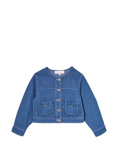 Tutu Du Monde Kids' Heartstring Ruffle-trimmed Denim Jacket In Blue